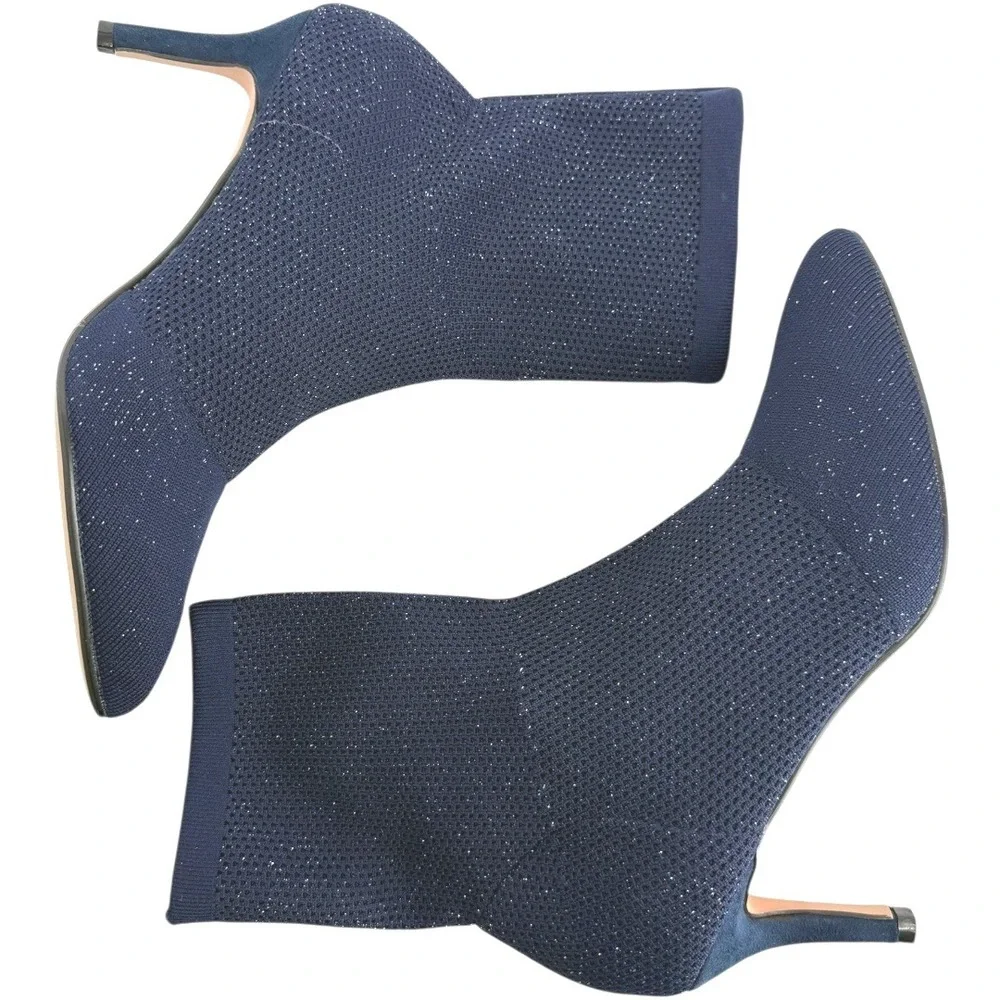 Catherine Malandrino Tammy Navy Glitter‎ Knit Pointed Toe Sock Boots Size 10